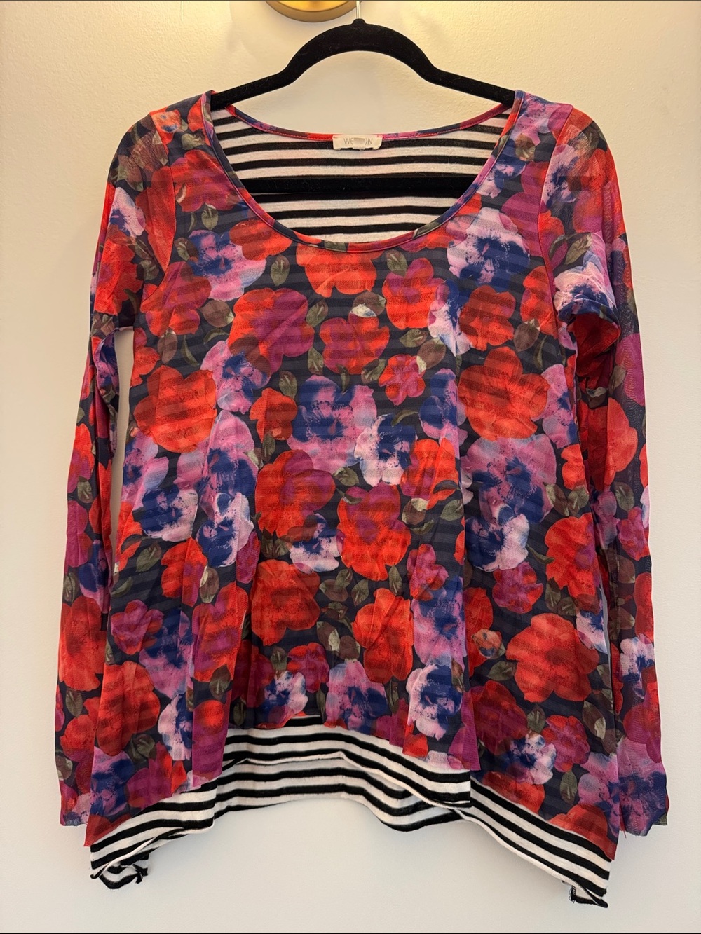 Anthropologie Floral Scoop-Neck Long Sleeve Top in Red, Purple & Black